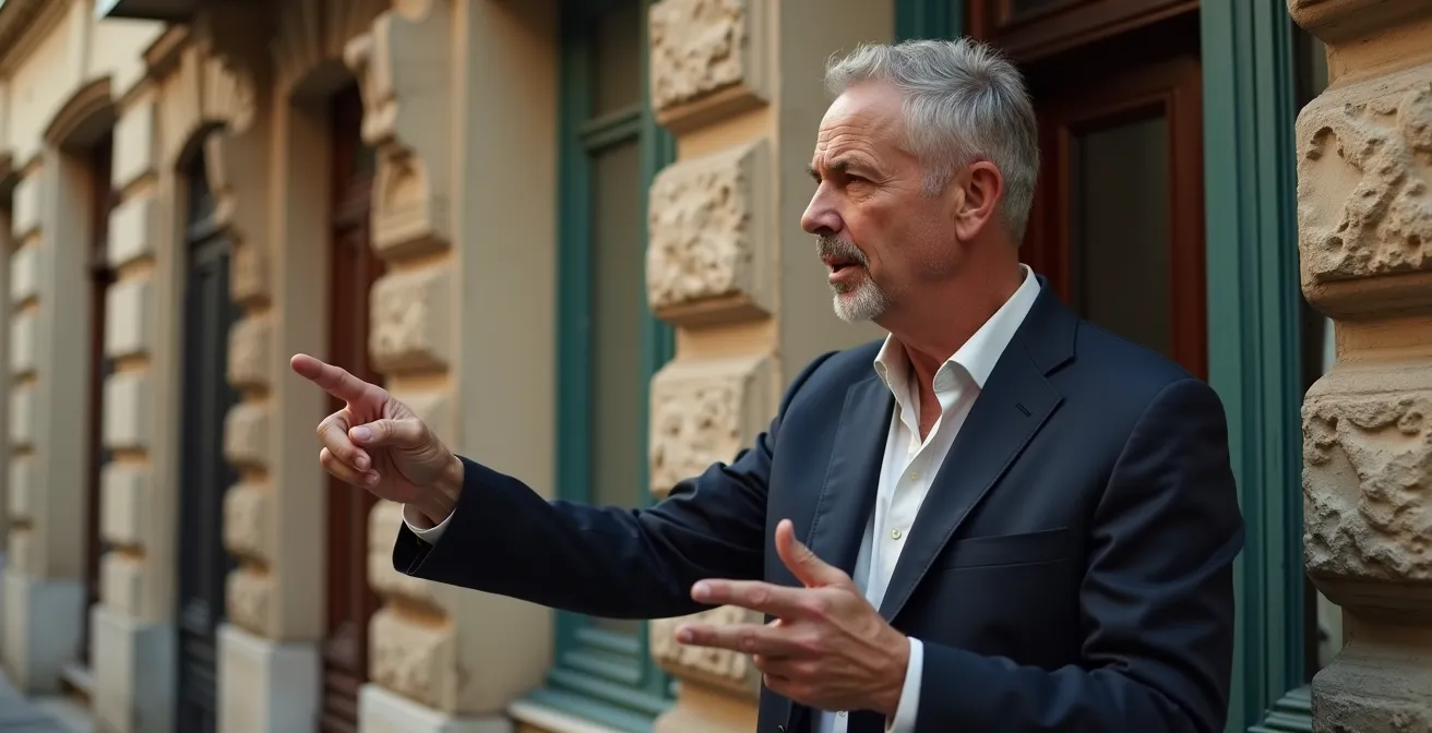 Agent immobilier expérimenté pointant les détails architecturaux d'une rue parisienne avec connaissance intime du quartier