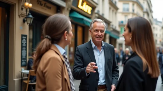 Agent immobilier expert discutant avec clients dans un quartier parisien, montrant des signes de connaissance approfondie du marché local et de confiance professionnelle