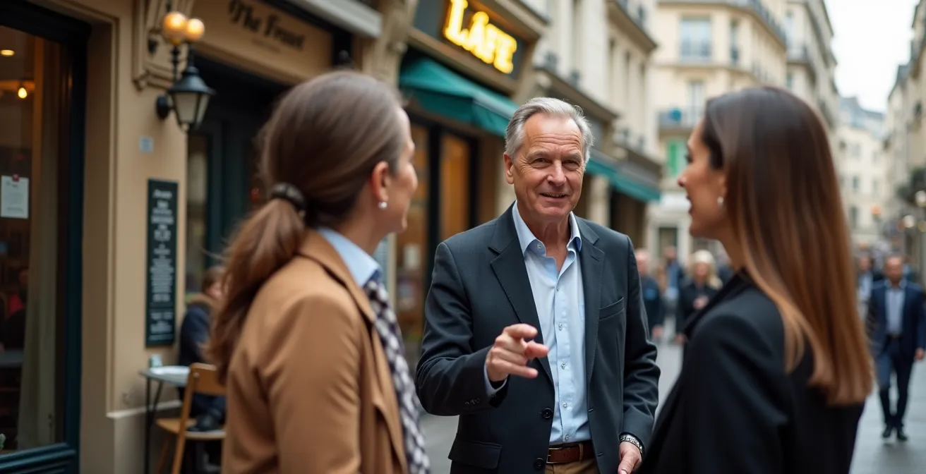 Agent immobilier expert discutant avec clients dans un quartier parisien, montrant des signes de connaissance approfondie du marché local et de confiance professionnelle