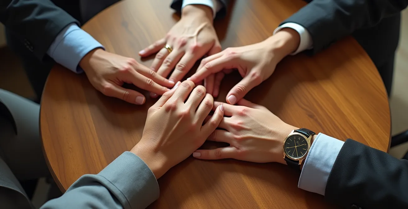 Mains se joignant dans un cercle symbolisant le réseau collaboratif de professionnels immobiliers locaux
