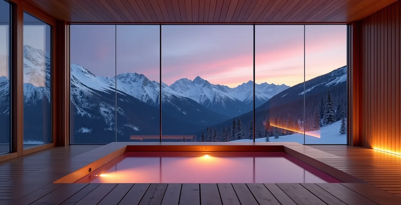 Spa privatif dans chalet avec vue montagne au crépuscule