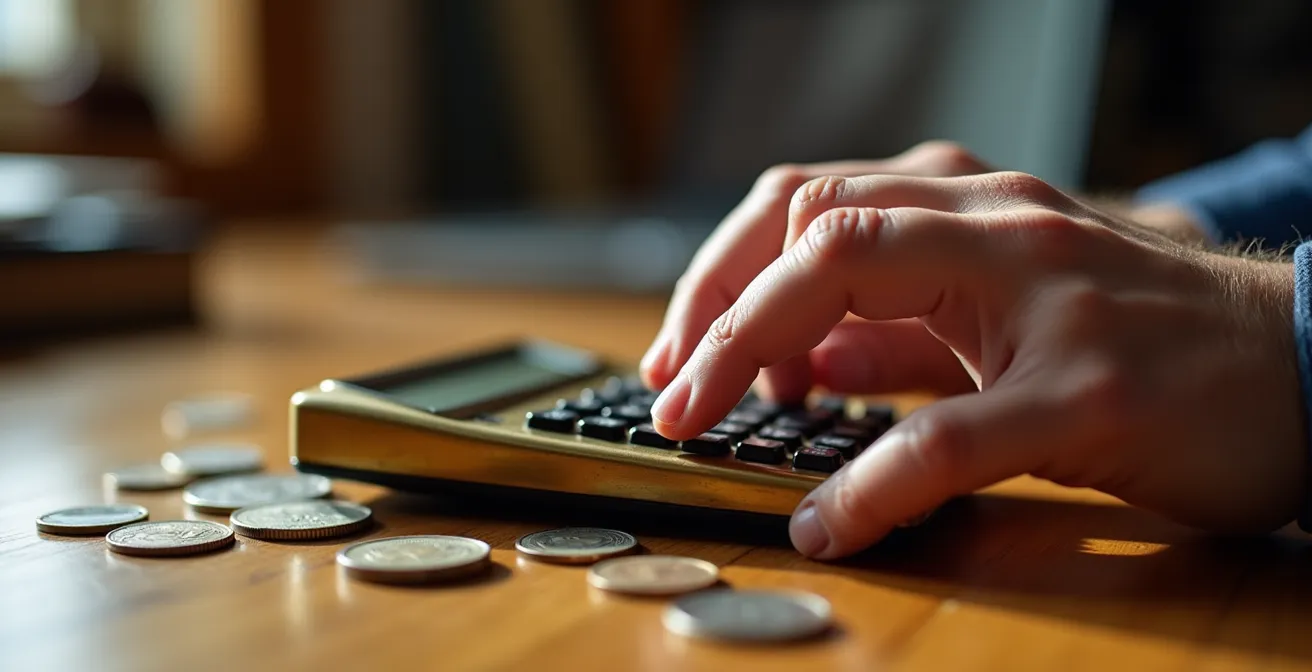 Mains analysant des documents financiers avec calculatrice sur bureau en bois