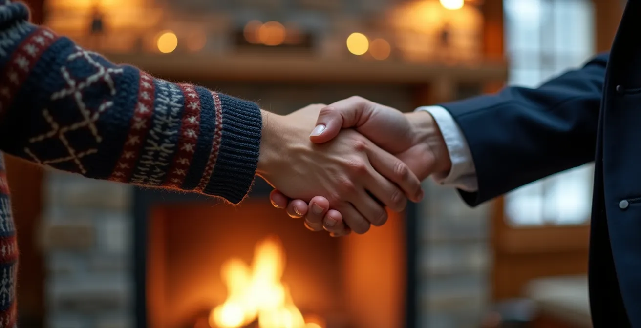 Poignée de main professionnelle au-dessus d'une table en bois de montagne