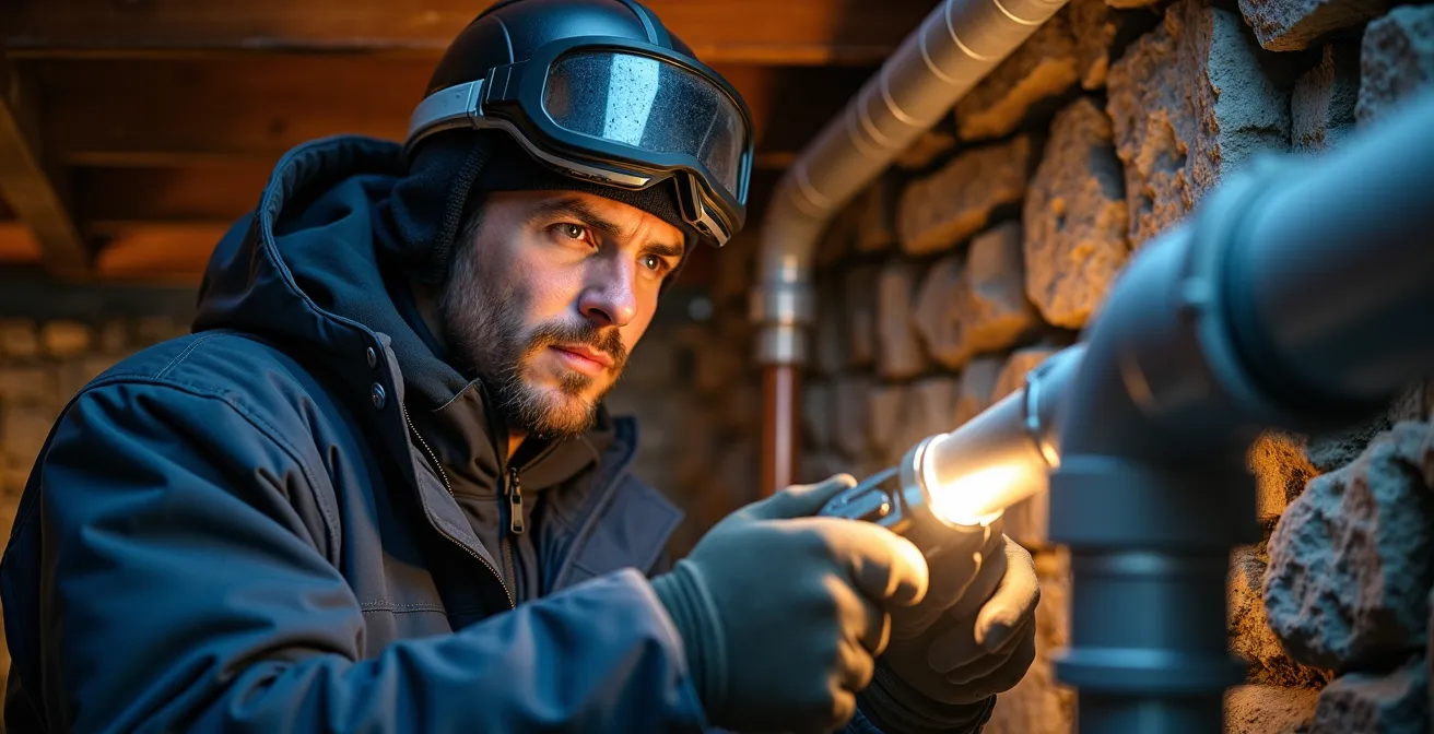 Technicien intervenant sur installation technique d'un chalet en hiver