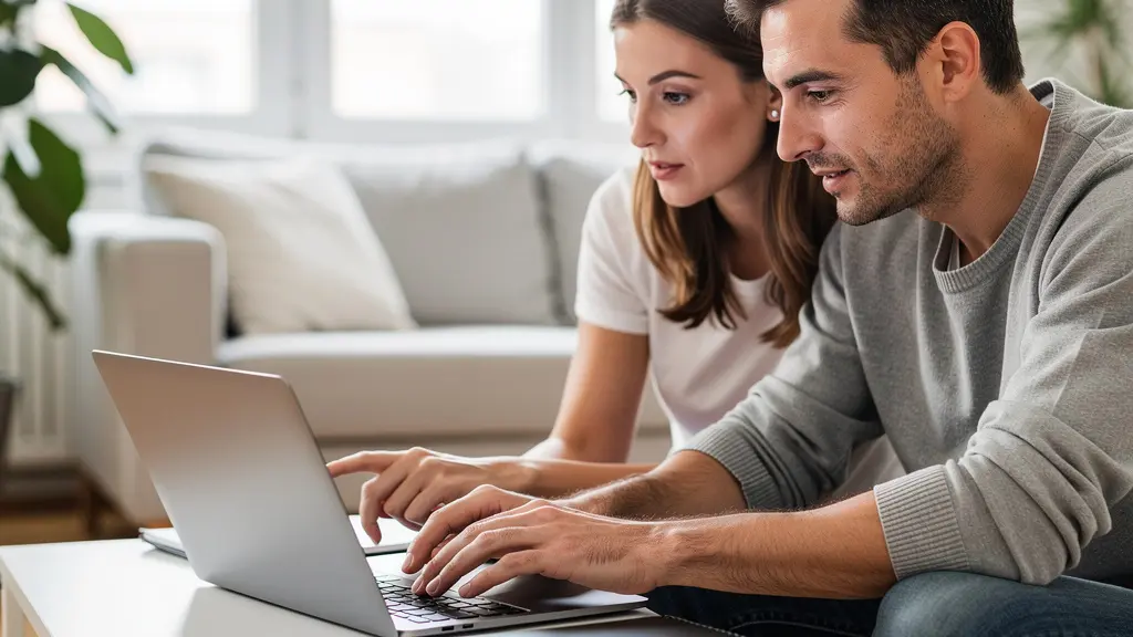 Couple français analysant leur projet de crédit immobilier sur ordinateur