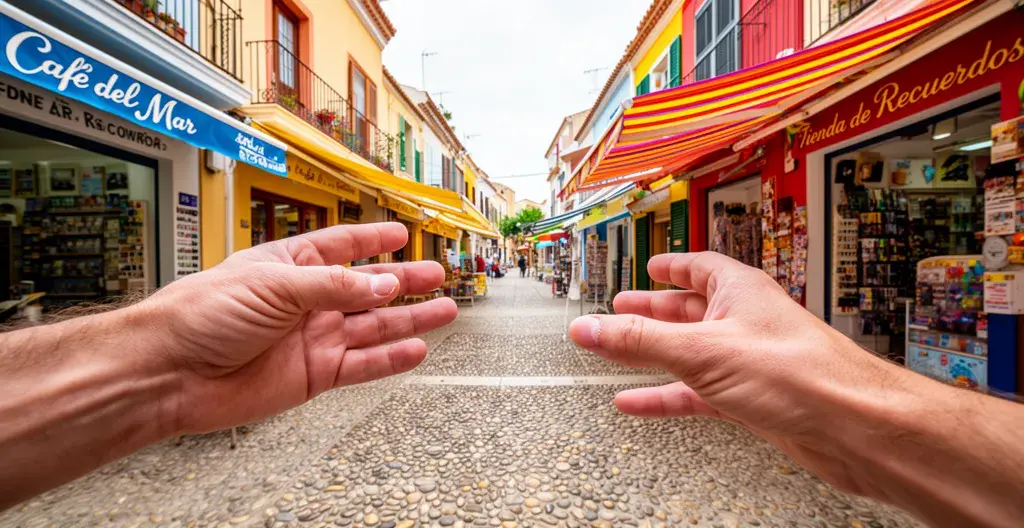 Rue piétonne animée du centre-ville de Rosas avec façades colorées