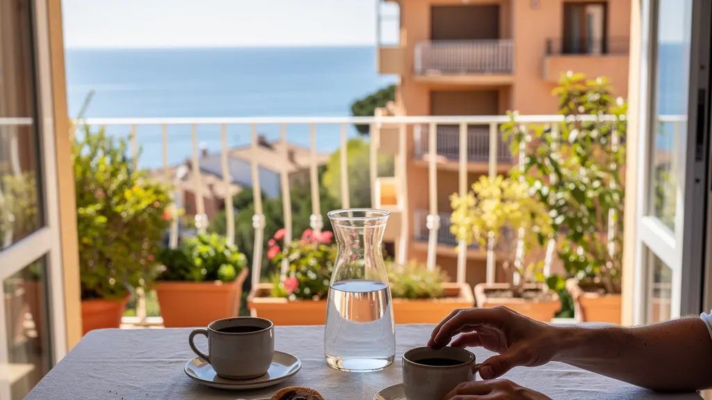 Terrasse ensoleillée d'appartement avec vue sur la Méditerranée à Rosas Costa Brava