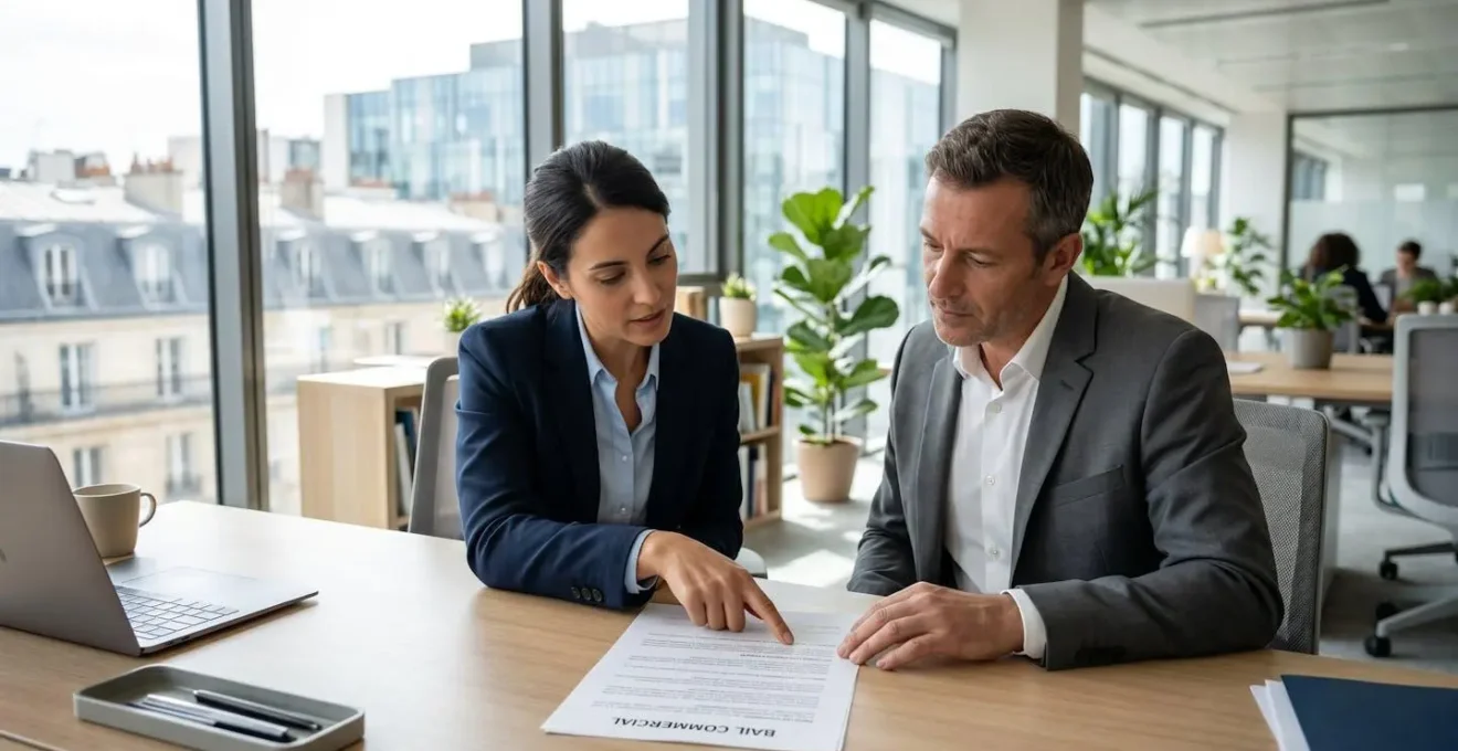 Deux professionnels en tenue de travail examinent ensemble un document contractuel sur un bureau lumineux, l'un pointant du doigt une clause spécifique