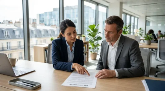 Deux professionnels en tenue de travail examinent ensemble un document contractuel sur un bureau lumineux, l'un pointant du doigt une clause spécifique