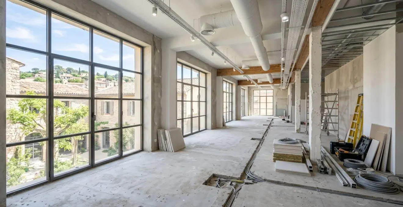 Espace de bureaux contemporain vide et lumineux avec de grandes fenêtres, sol en béton ciré et structures apparentes, en cours de rénovation légère