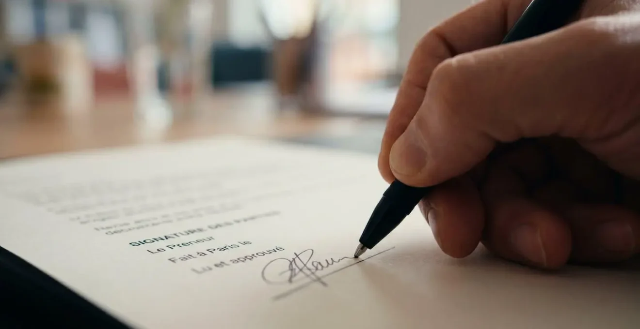 Gros plan sur une main tenant un stylo en train de signer un document contractuel, mise au point nette sur la signature, arrière-plan flouté avec effet bokeh