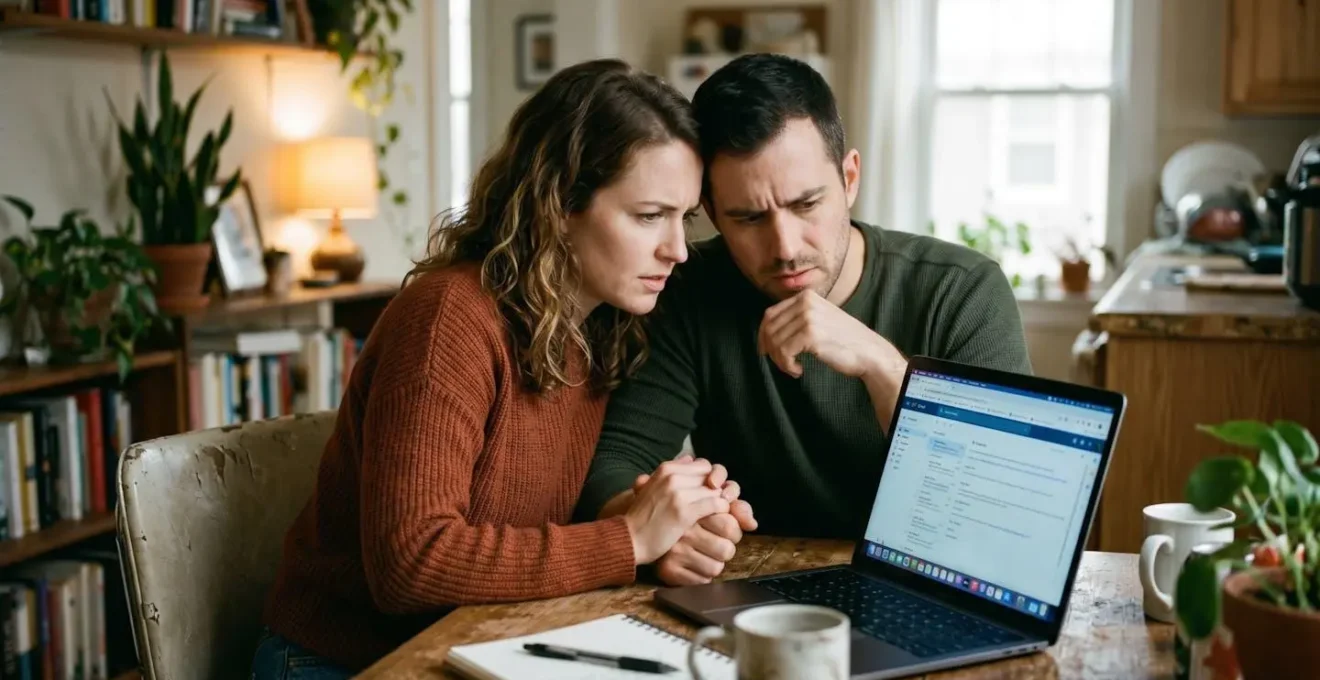 Couple assis côte à côte devant un écran d'ordinateur, affichant une expression de confusion et de fatigue face à la multiplicité des annonces immobilières