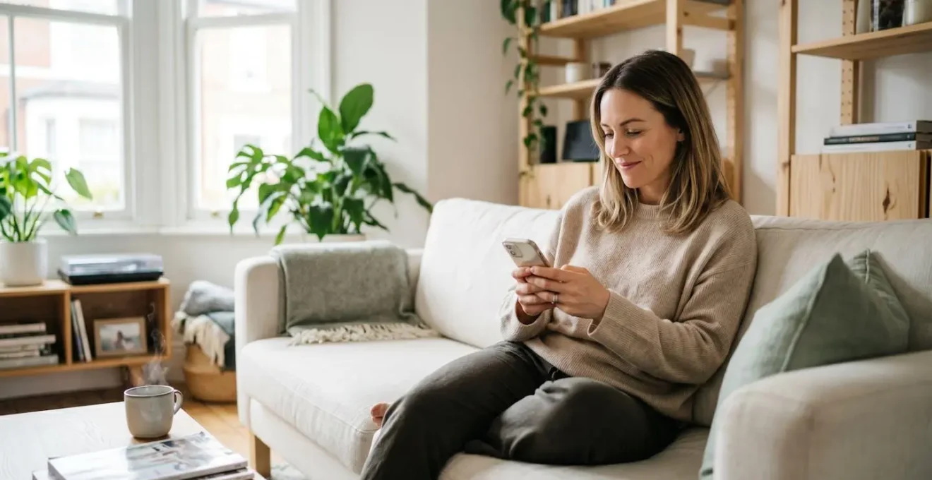 Femme assise confortablement dans un salon lumineux, consultant son smartphone avec une expression de satisfaction et de sérénité