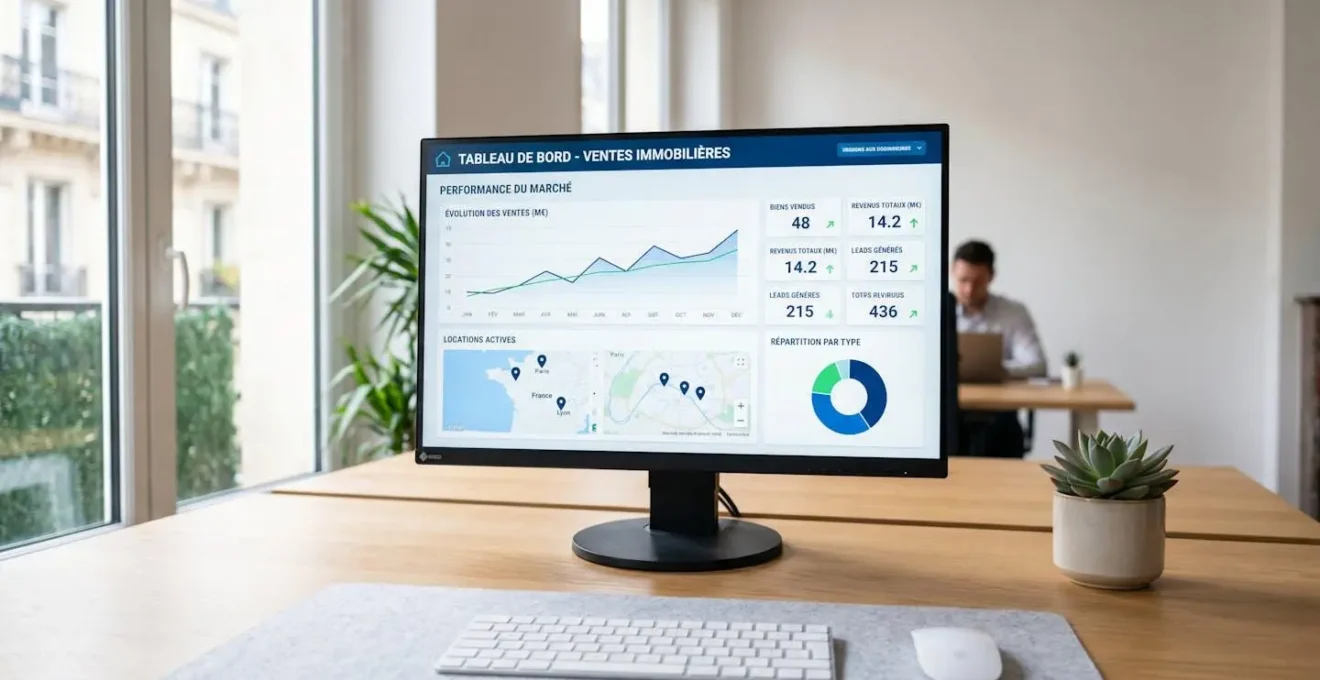 Illustration 3D isométrique d'un bureau avec écran affichant un tableau de bord immobilier entouré de pictogrammes flottants représentant alertes, visites et statistiques.