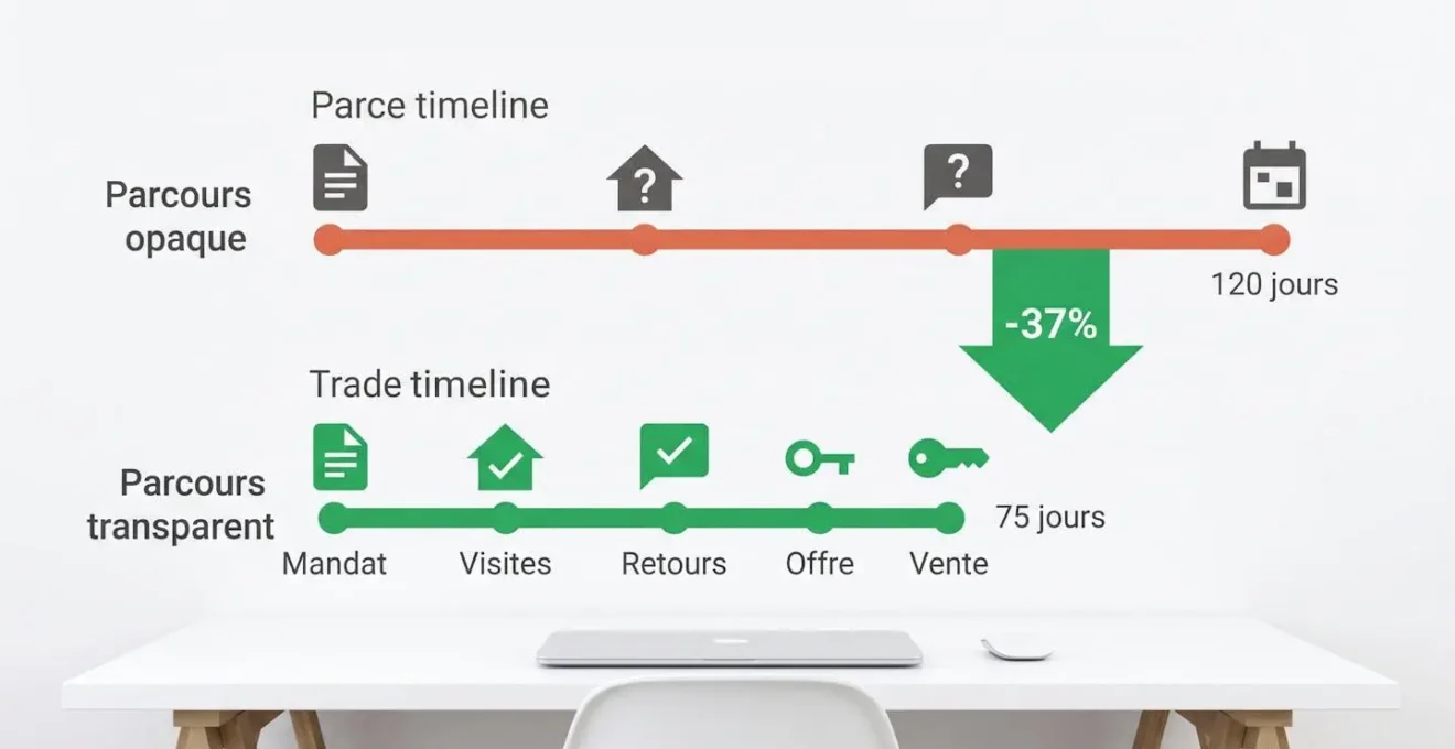 Infographie comparative montrant deux timelines de vente immobilière : parcours sans extranet (120 jours, rouge) versus avec extranet (75 jours, vert) avec réduction de 37%.