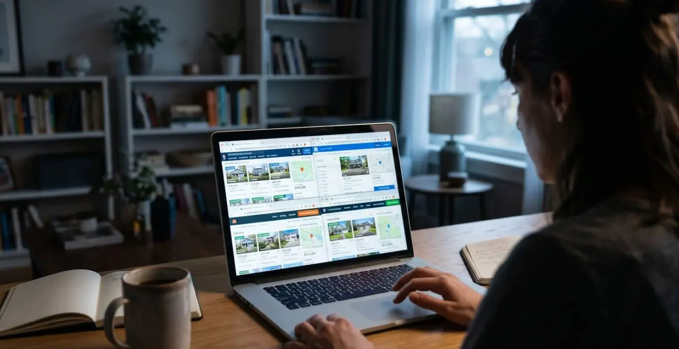 Personne devant un ordinateur affichant de nombreux onglets de sites immobiliers ouverts simultanément, illustrant la confusion de la recherche éparpillée