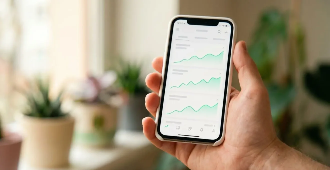 Photographie en gros plan d'une main tenant un smartphone affichant une application extranet immobilier avec trois graphiques ascendants verts, arrière-plan lumineux flou.
