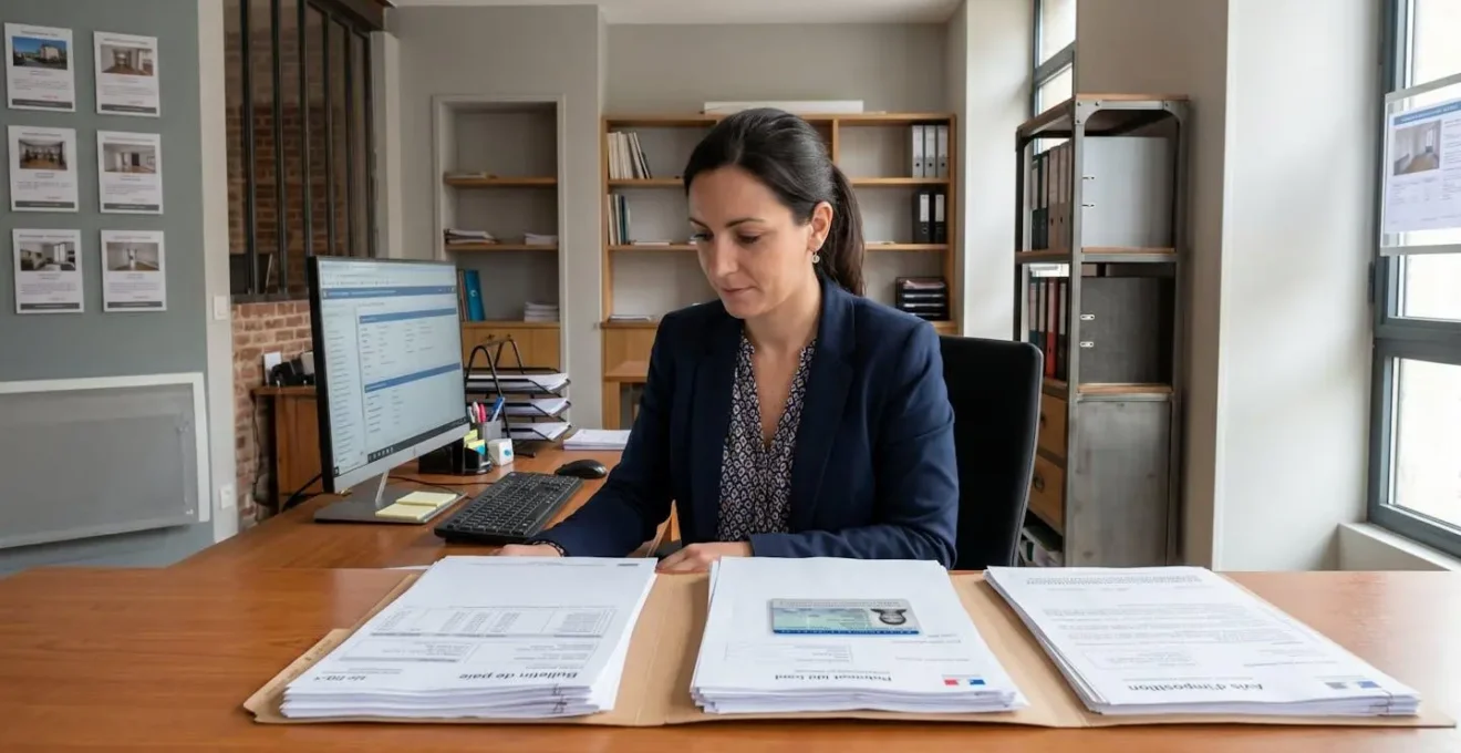 Conseillère d'agence immobilière à Dijon examinant un dossier de candidature locataire avec documents officiels sur un bureau professionnel