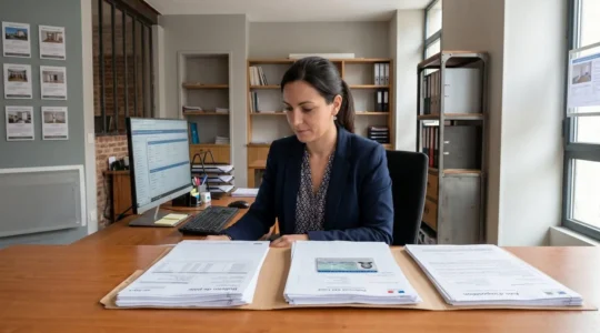Conseillère d'agence immobilière à Dijon examinant un dossier de candidature locataire avec documents officiels sur un bureau professionnel