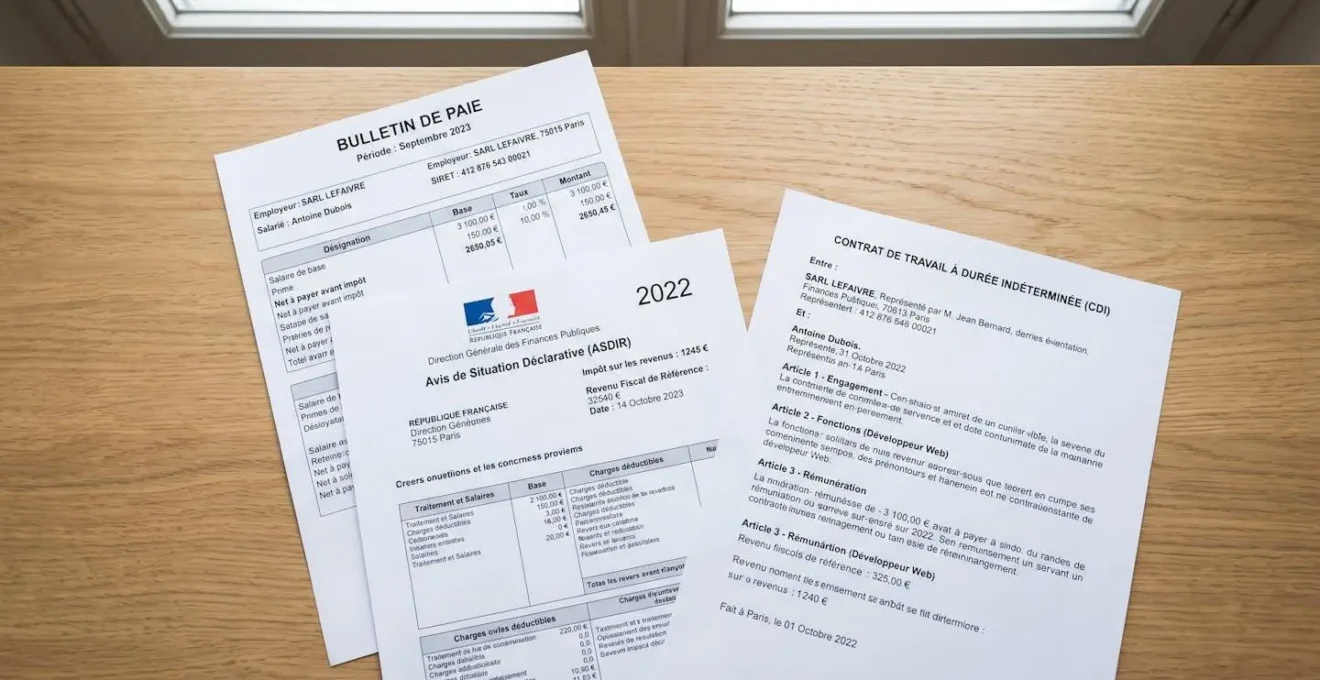 Gros plan sur trois documents justificatifs de revenus français : bulletin de salaire, avis d'imposition et contrat de travail disposés sur une table