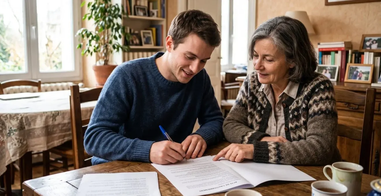 Jeune adulte et parent garant signant ensemble un acte de cautionnement sur une table de salle à manger dans un cadre domestique français