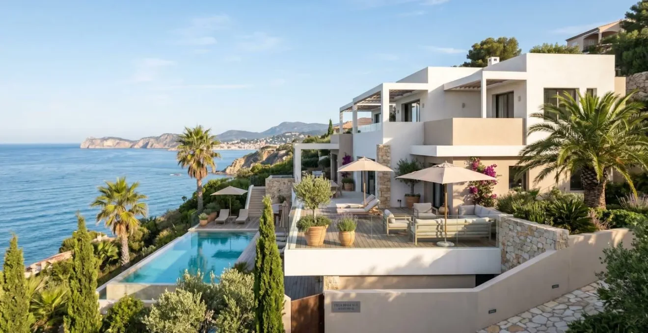Résidence de vacances moderne avec terrasses étagées et piscine au bord de la Méditerranée, façades claires sous lumière matinale