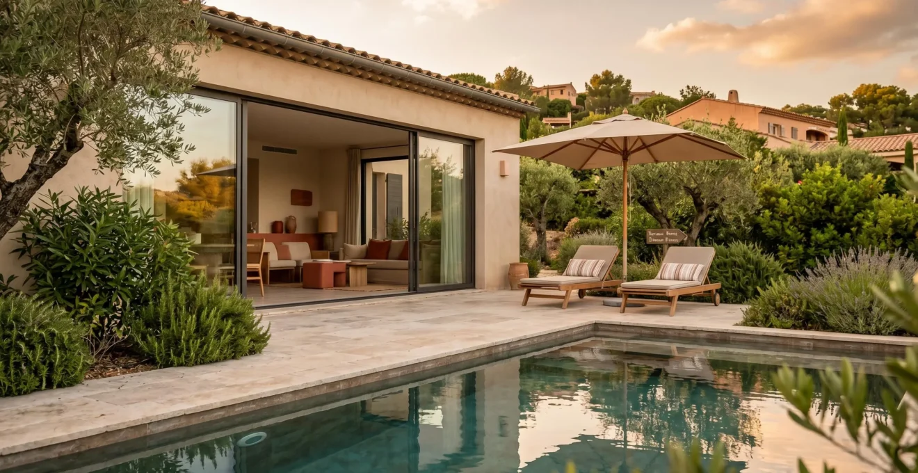 Villa contemporaine avec piscine privée rectangulaire, terrasse et transats, entourée de végétation méditerranéenne