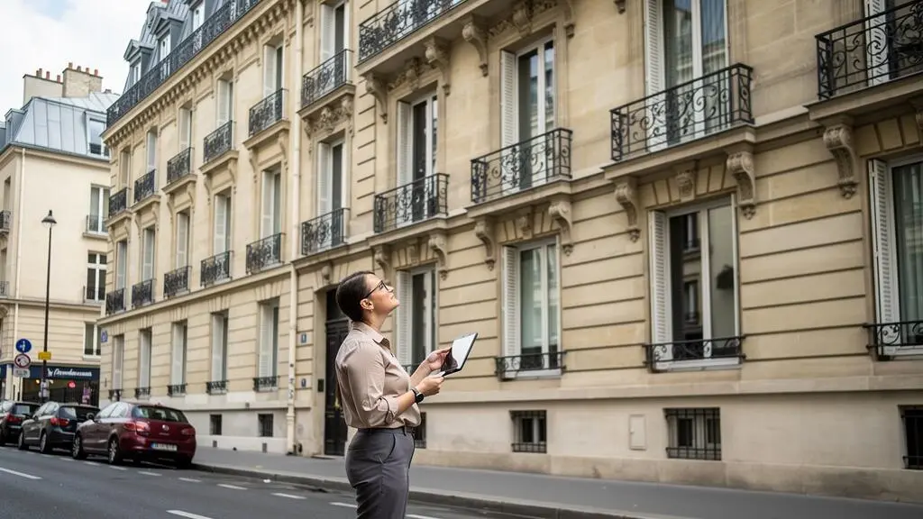 Expert immobilier évaluant la façade d'un immeuble haussmannien typique à Paris