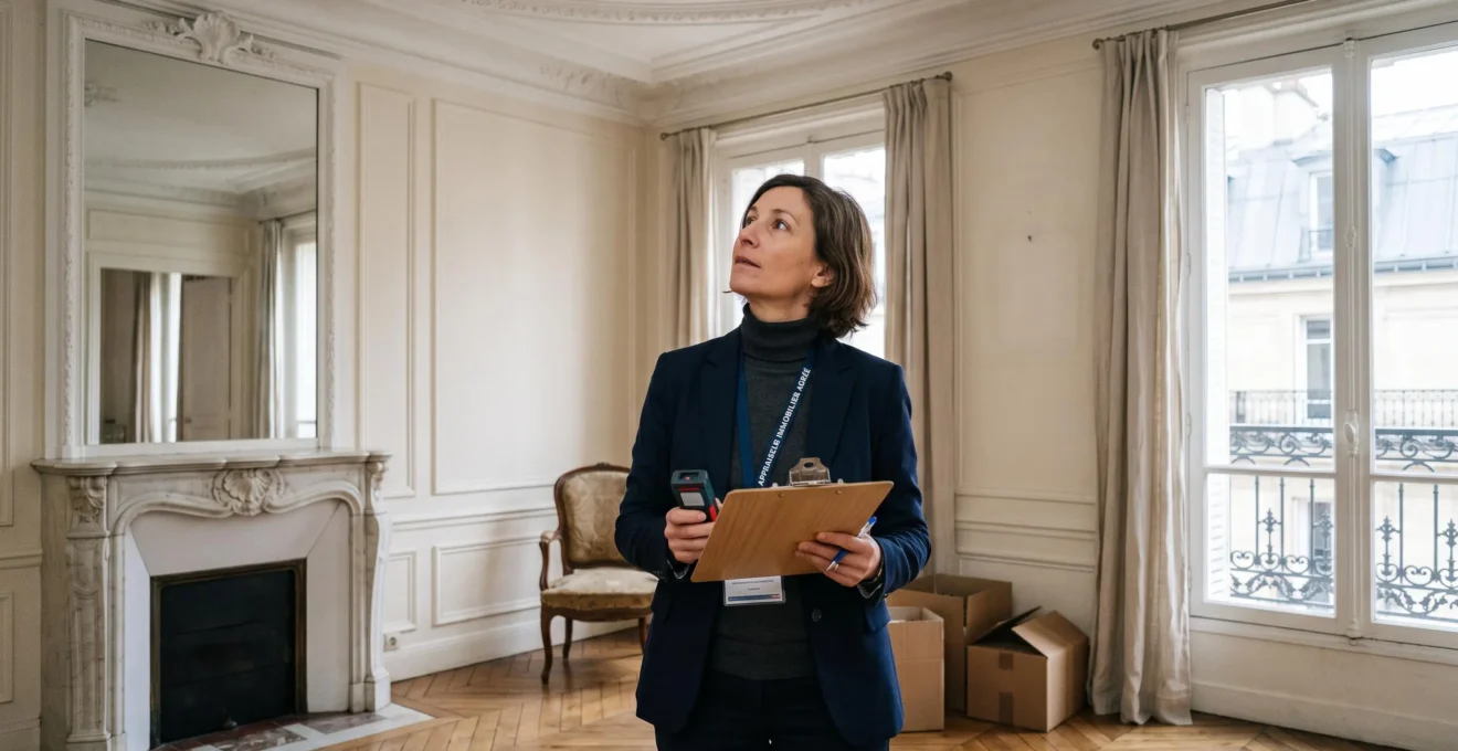 Expert immobilier inspectant les détails architecturaux d'un appartement haussmannien à Paris