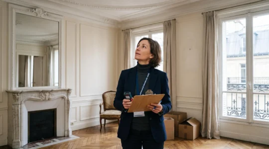 Expert immobilier inspectant les détails architecturaux d'un appartement haussmannien à Paris