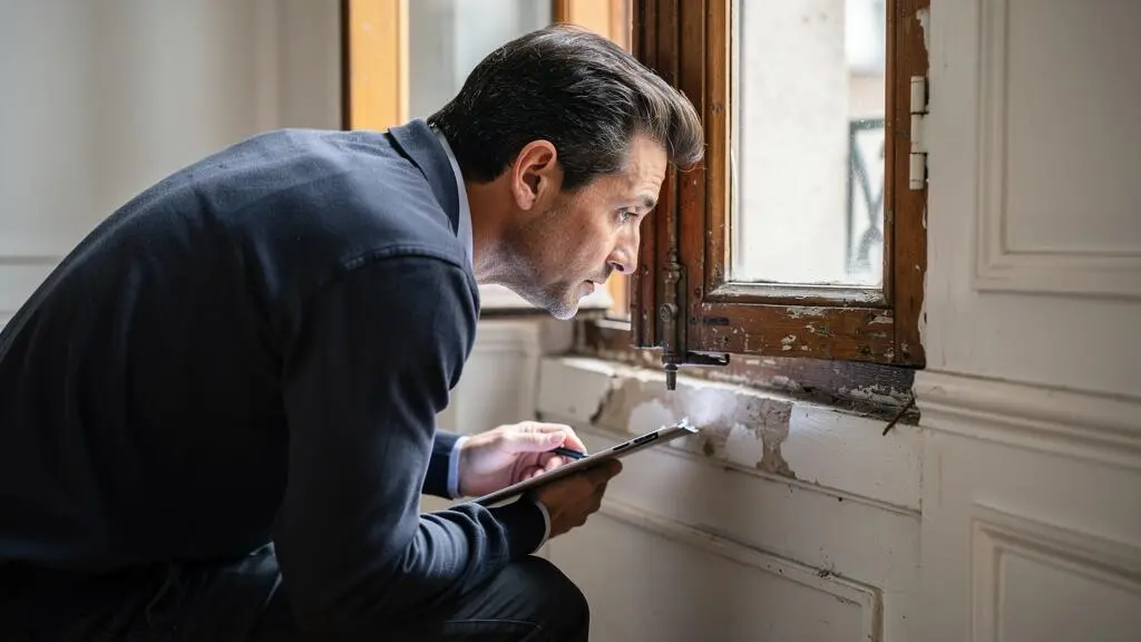 Expert immobilier inspectant en détail les menuiseries et l'état des murs lors d'une expertise à Paris