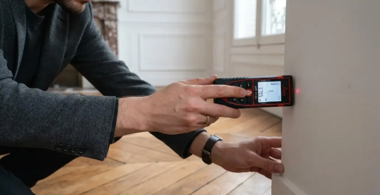 Expert utilisant un télémètre laser pour mesurer les dimensions précises d'une pièce dans un appartement parisien